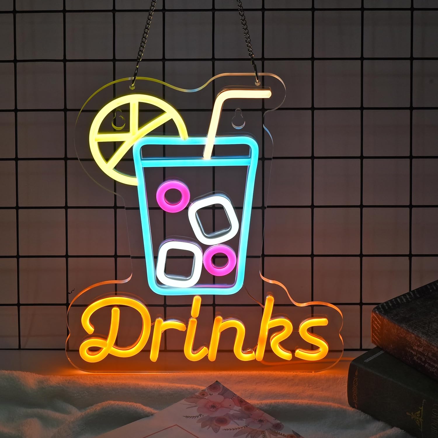 Neon sign with drink cup icon and DRINKS text for bar or beverage shop decor

