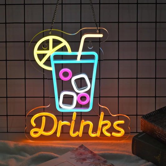 Neon sign with drink cup icon and DRINKS text for bar or beverage shop decor

