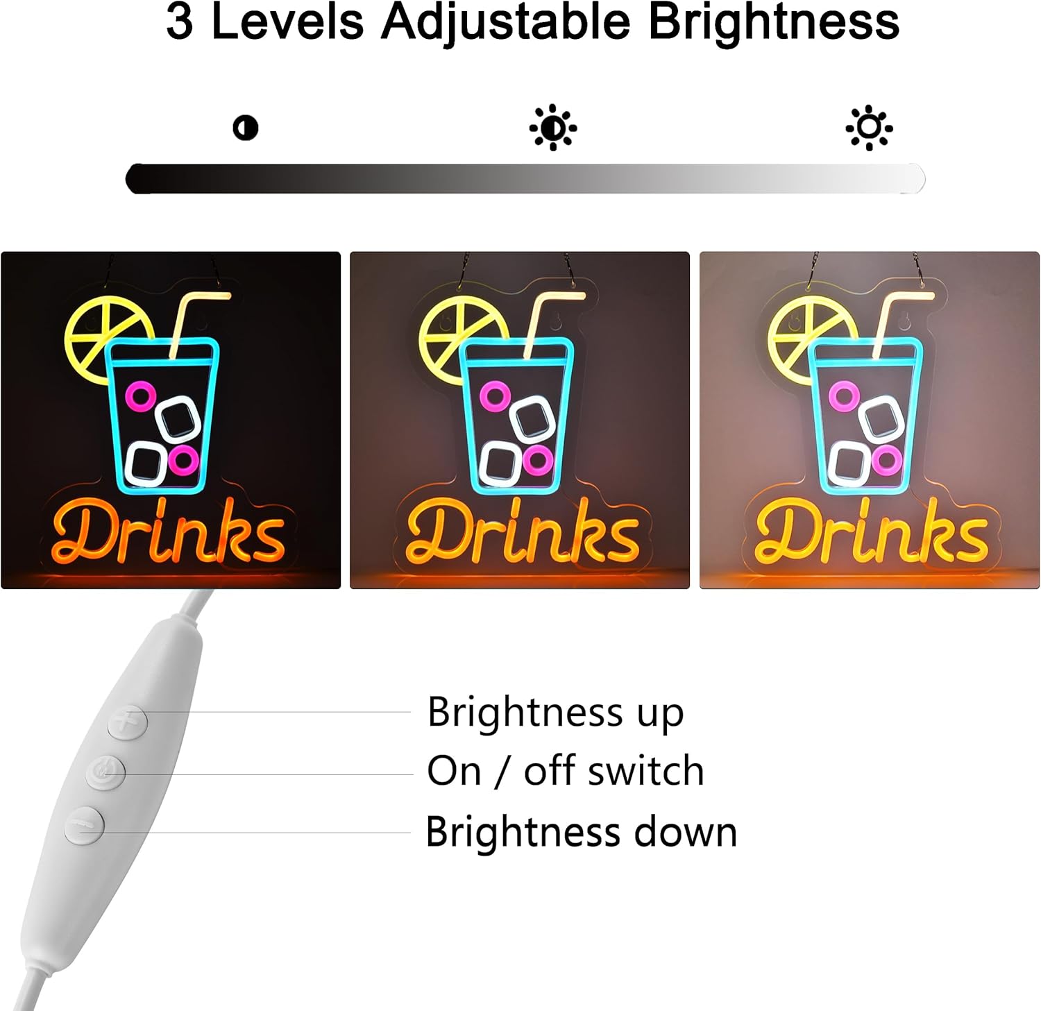 Neon sign with drink cup icon and DRINKS text for bar or beverage shop decor

