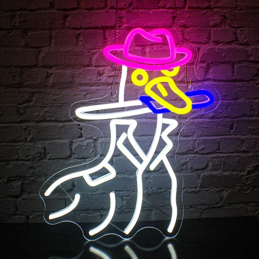 Neon Sign of a Duck with a Hat and Knife – Fun and Quirky LED Decor for Home and Office