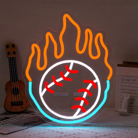 Flaming baseball neon sign glowing with vibrant red and orange LED lights