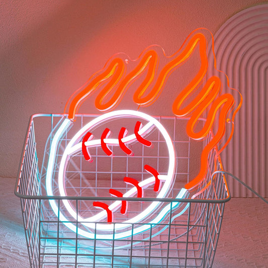 Flaming baseball neon sign glowing with vibrant red and orange LED lights