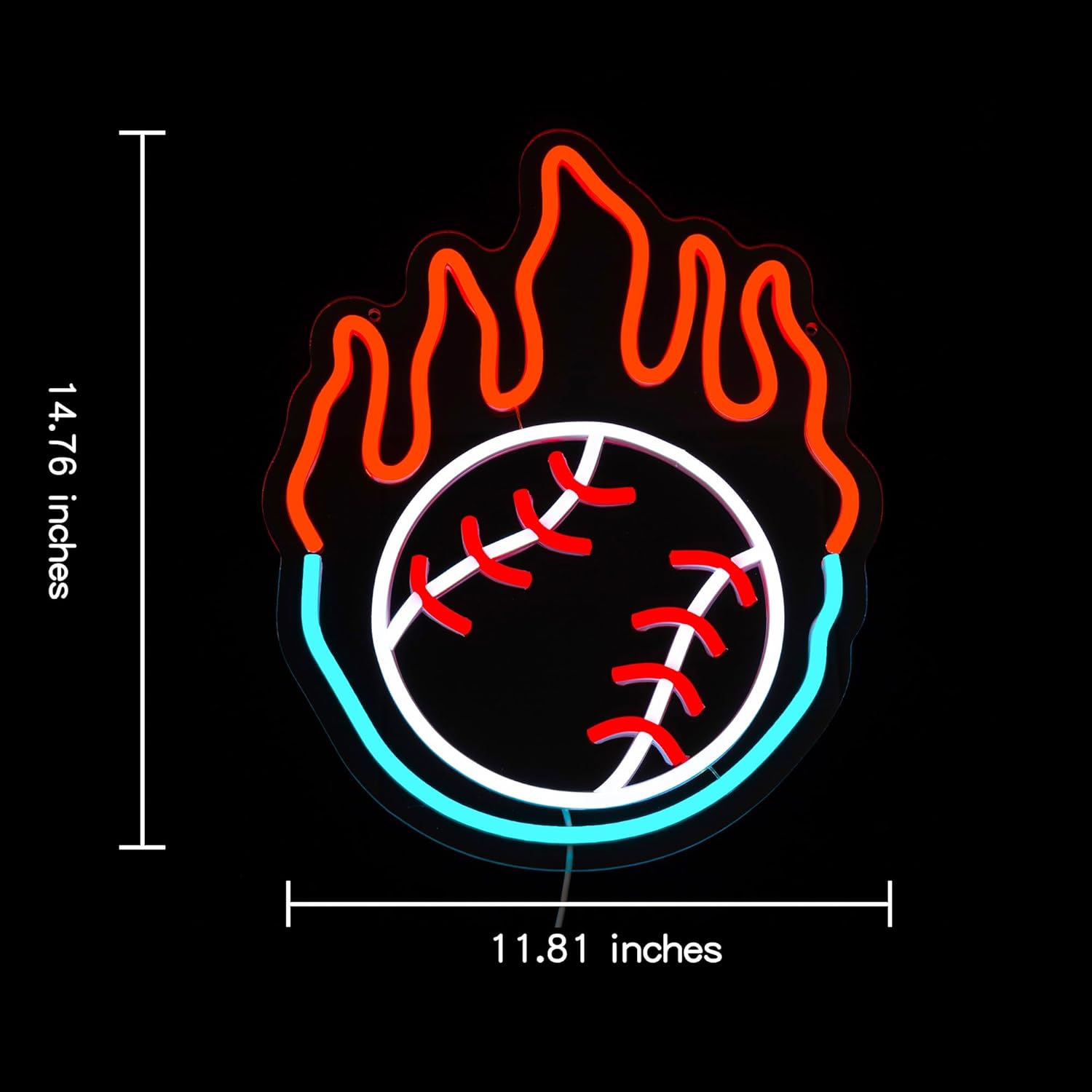 Flaming baseball neon sign glowing with vibrant red and orange LED lights