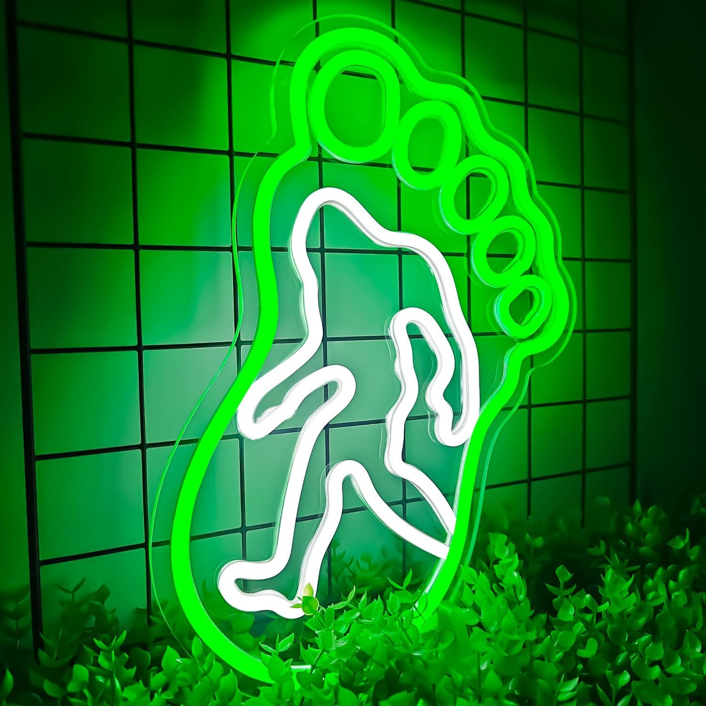 Footprint neon sign with Bigfoot silhouette – LED wall decor light