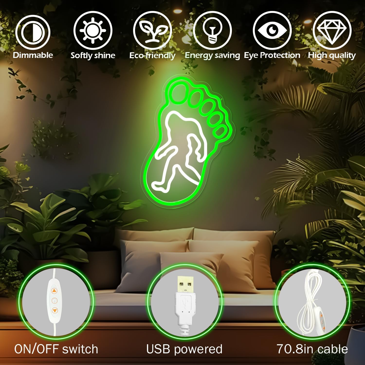 Footprint neon sign with Bigfoot silhouette – LED wall decor light