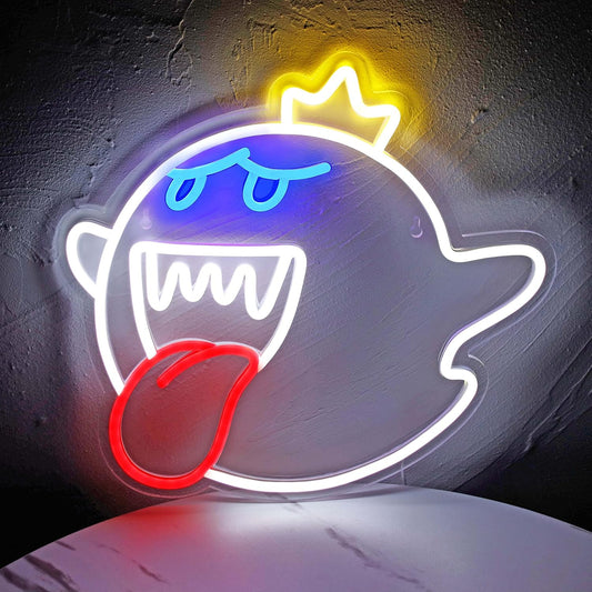 Funny cartoon ghost neon sign with crown and tongue out – perfect for gamers and party wall decor