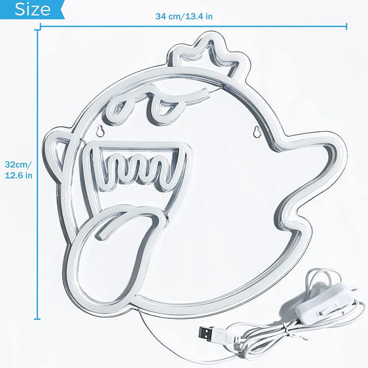 Funny cartoon ghost neon sign with crown and tongue out – perfect for gamers and party wall decor