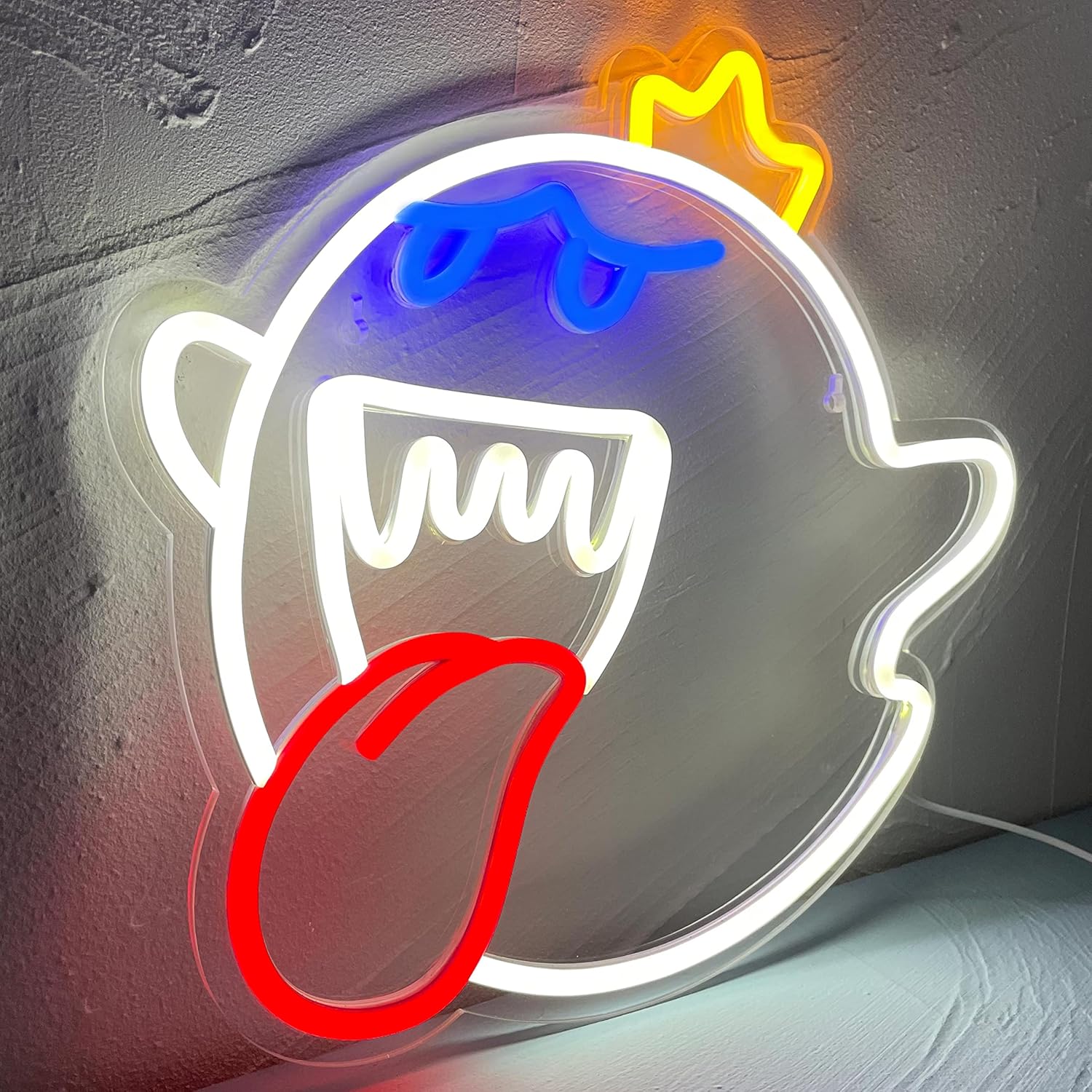 Funny cartoon ghost neon sign with crown and tongue out – perfect for gamers and party wall decor