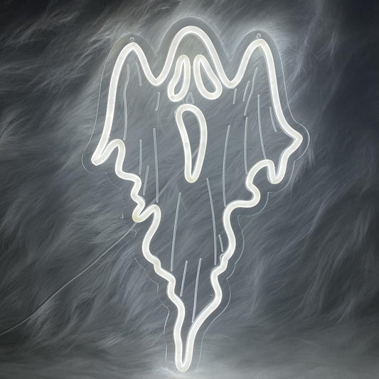 White ghost-shaped neon LED sign on acrylic backing, Halloween and spooky-themed home decor