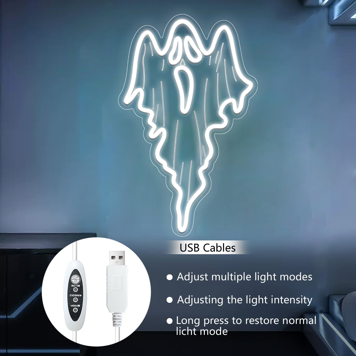 White ghost-shaped neon LED sign on acrylic backing, Halloween and spooky-themed home decor