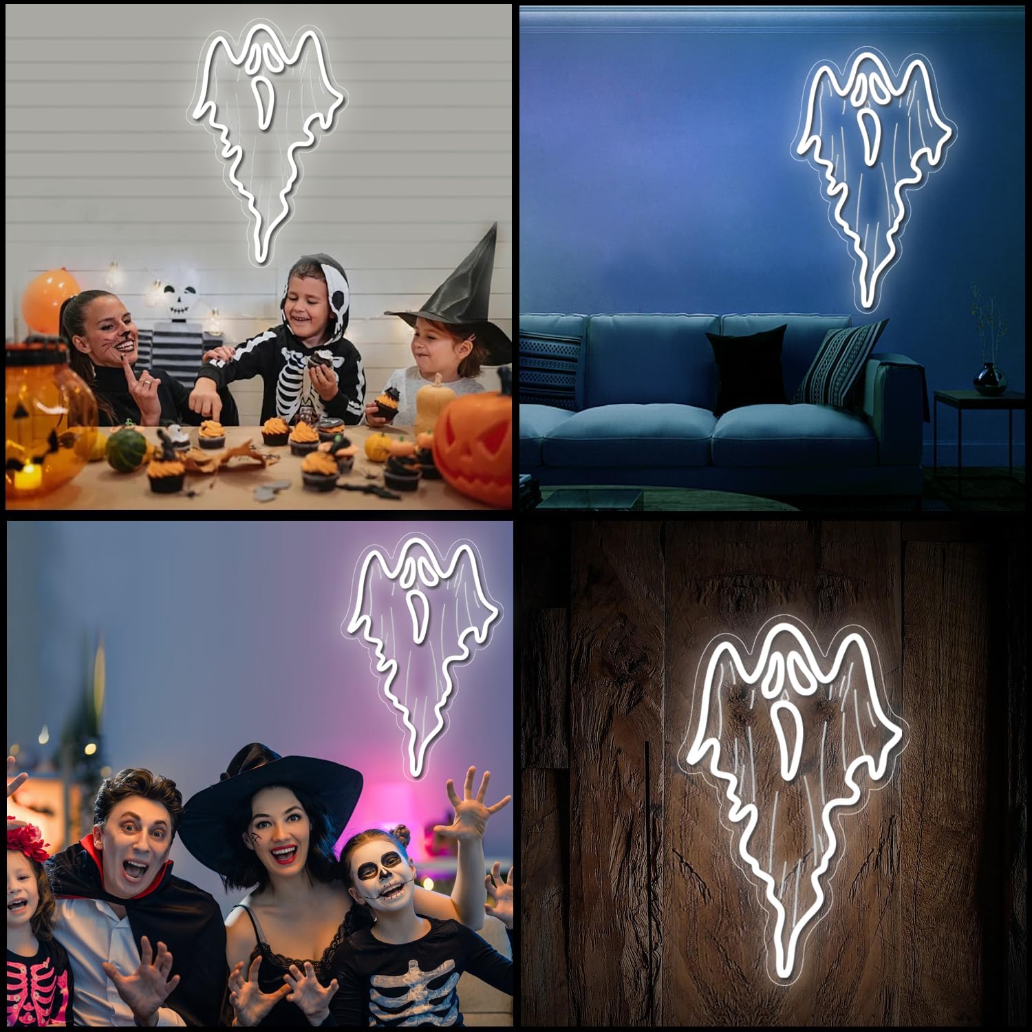 White ghost-shaped neon LED sign on acrylic backing, Halloween and spooky-themed home decor
