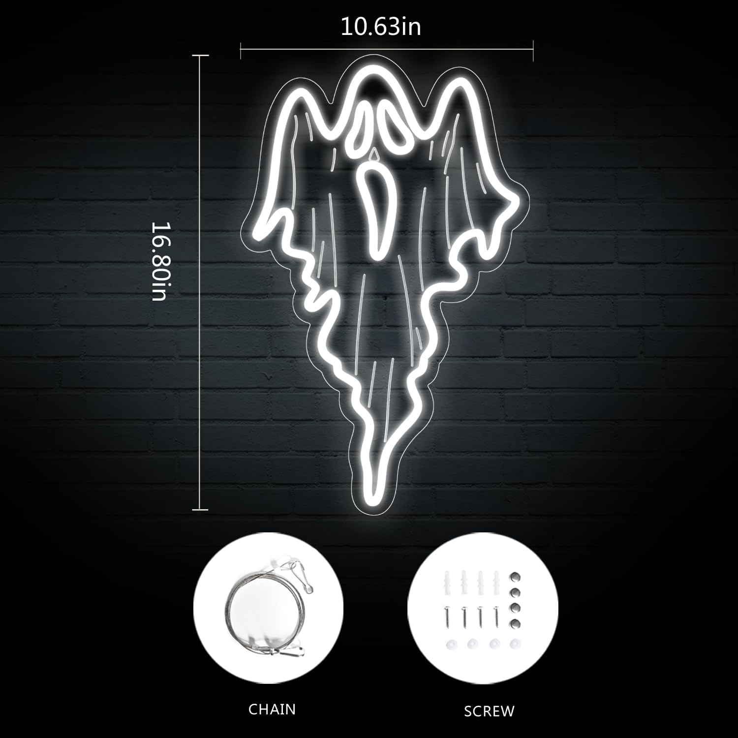 White ghost-shaped neon LED sign on acrylic backing, Halloween and spooky-themed home decor