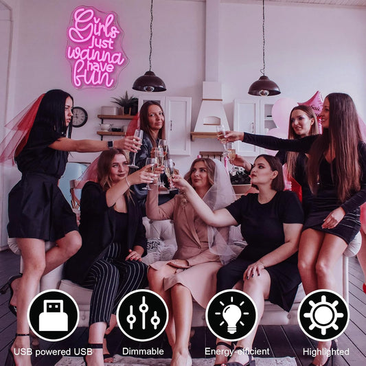 Bright neon sign spelling "Girls Just Wanna Have Fun" in LED, perfect for party rooms or bachelorette decor