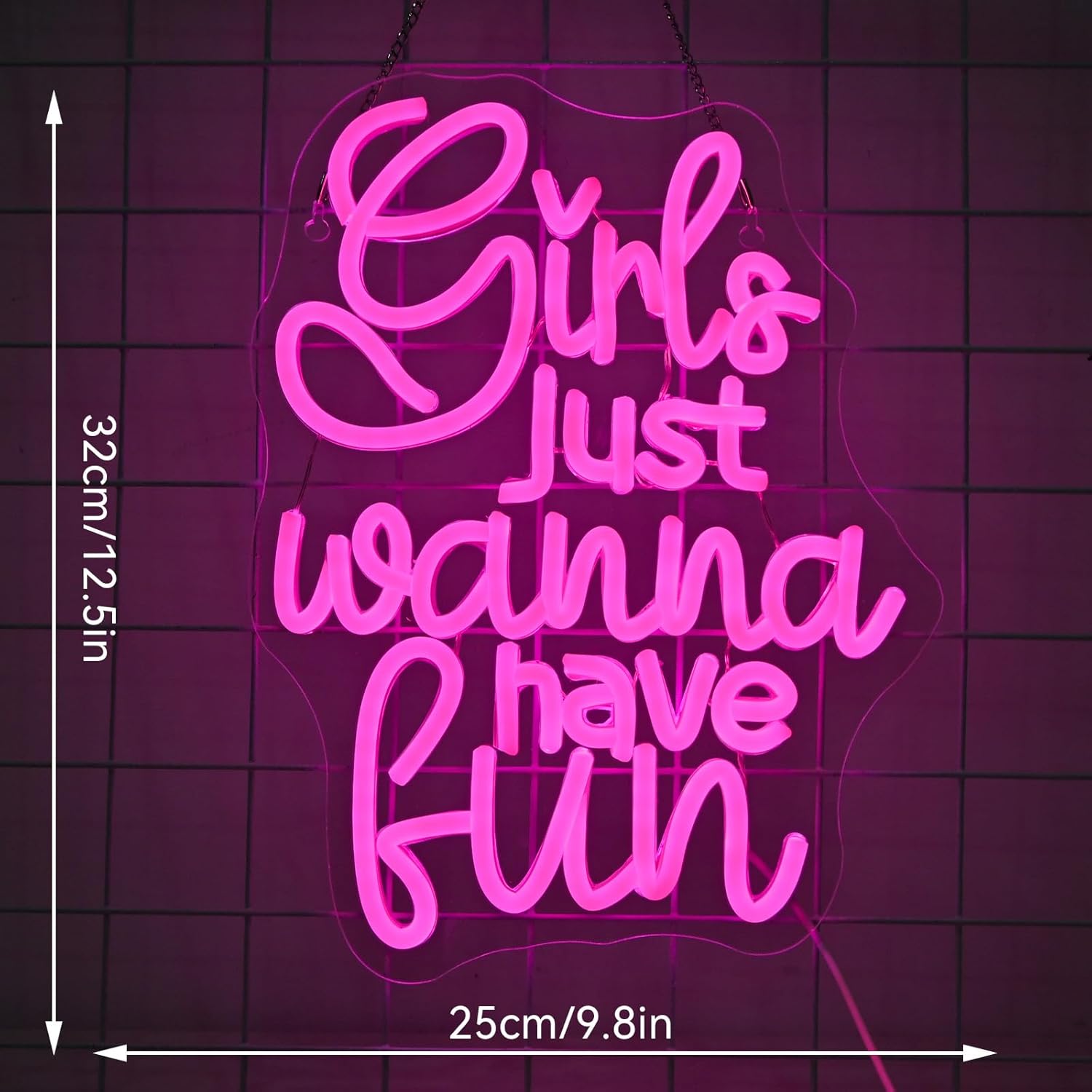 Bright neon sign spelling "Girls Just Wanna Have Fun" in LED, perfect for party rooms or bachelorette decor