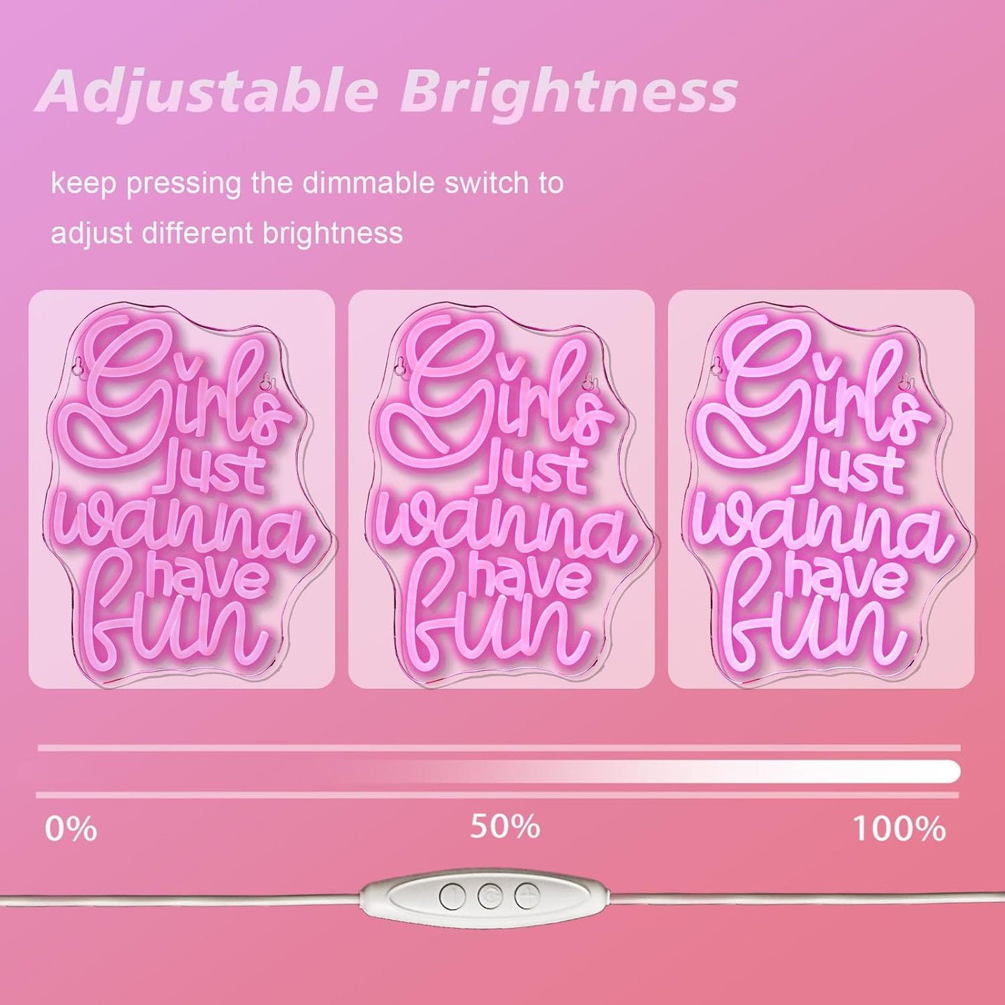 Bright neon sign spelling "Girls Just Wanna Have Fun" in LED, perfect for party rooms or bachelorette decor