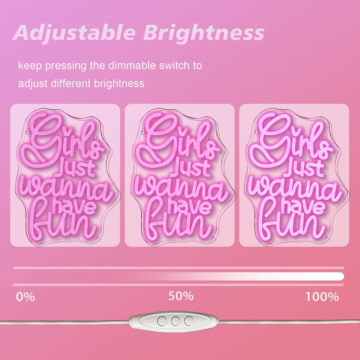 Bright neon sign spelling "Girls Just Wanna Have Fun" in LED, perfect for party rooms or bachelorette decor