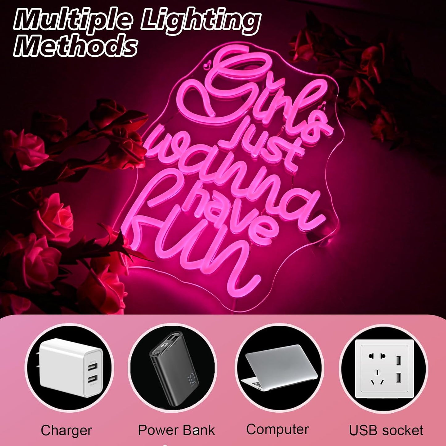 Bright neon sign spelling "Girls Just Wanna Have Fun" in LED, perfect for party rooms or bachelorette decor