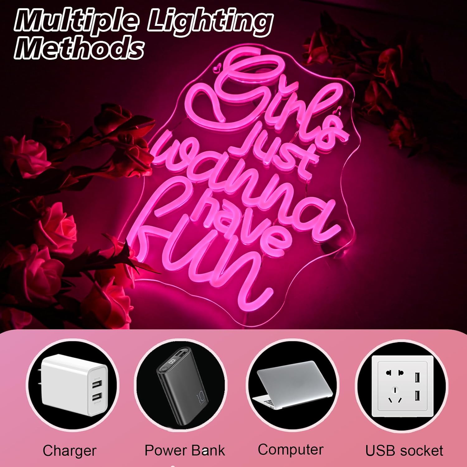 Bright neon sign spelling "Girls Just Wanna Have Fun" in LED, perfect for party rooms or bachelorette decor