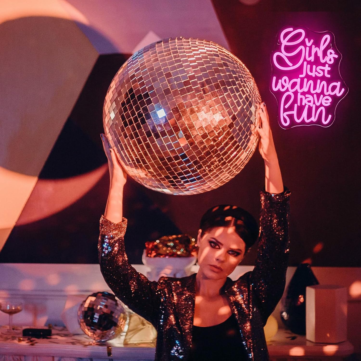 Bright neon sign spelling "Girls Just Wanna Have Fun" in LED, perfect for party rooms or bachelorette decor