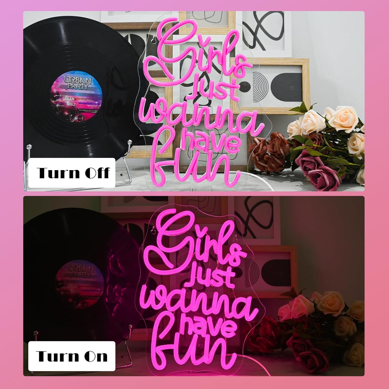 Bright neon sign spelling "Girls Just Wanna Have Fun" in LED, perfect for party rooms or bachelorette decor