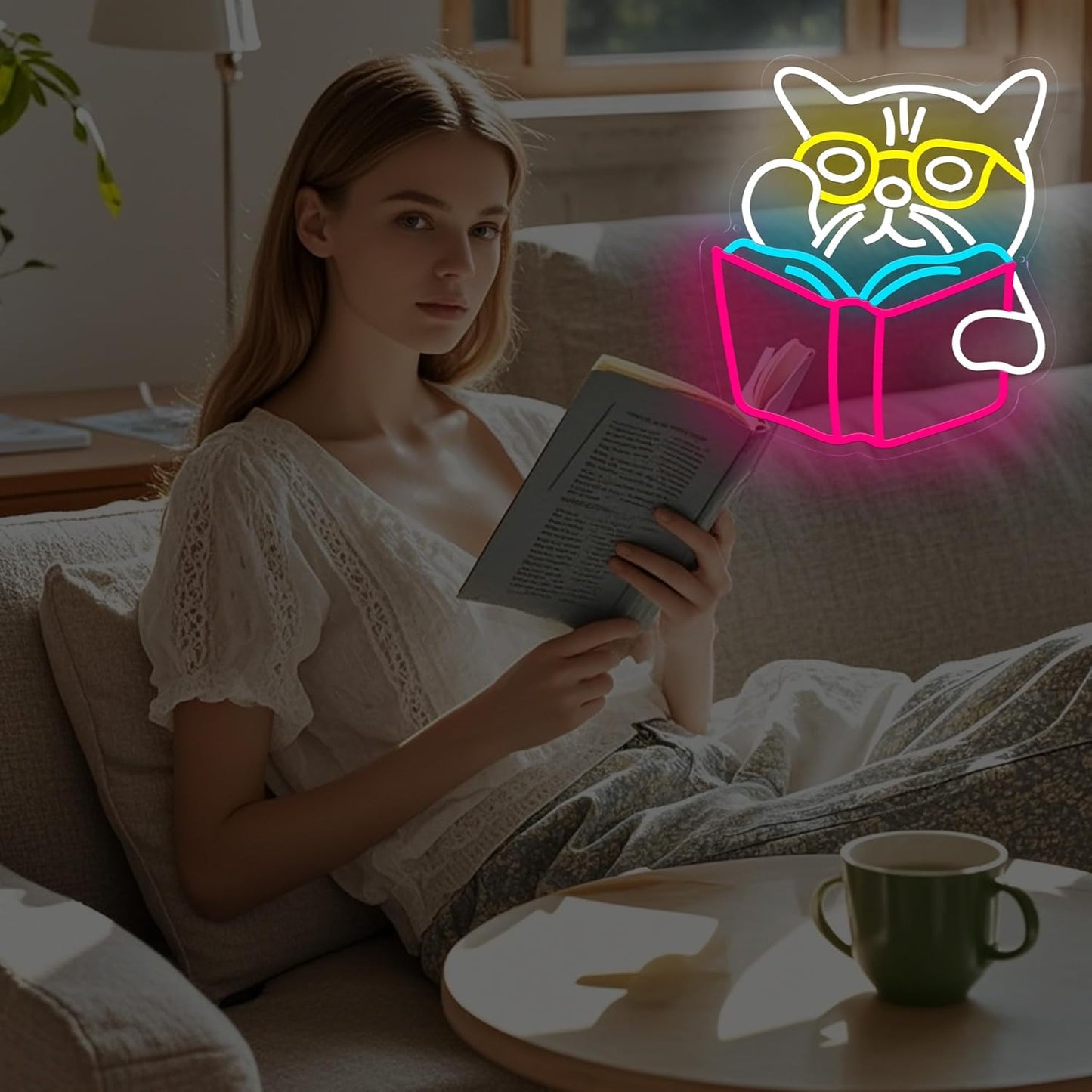 Cat wearing glasses reading a book neon sign