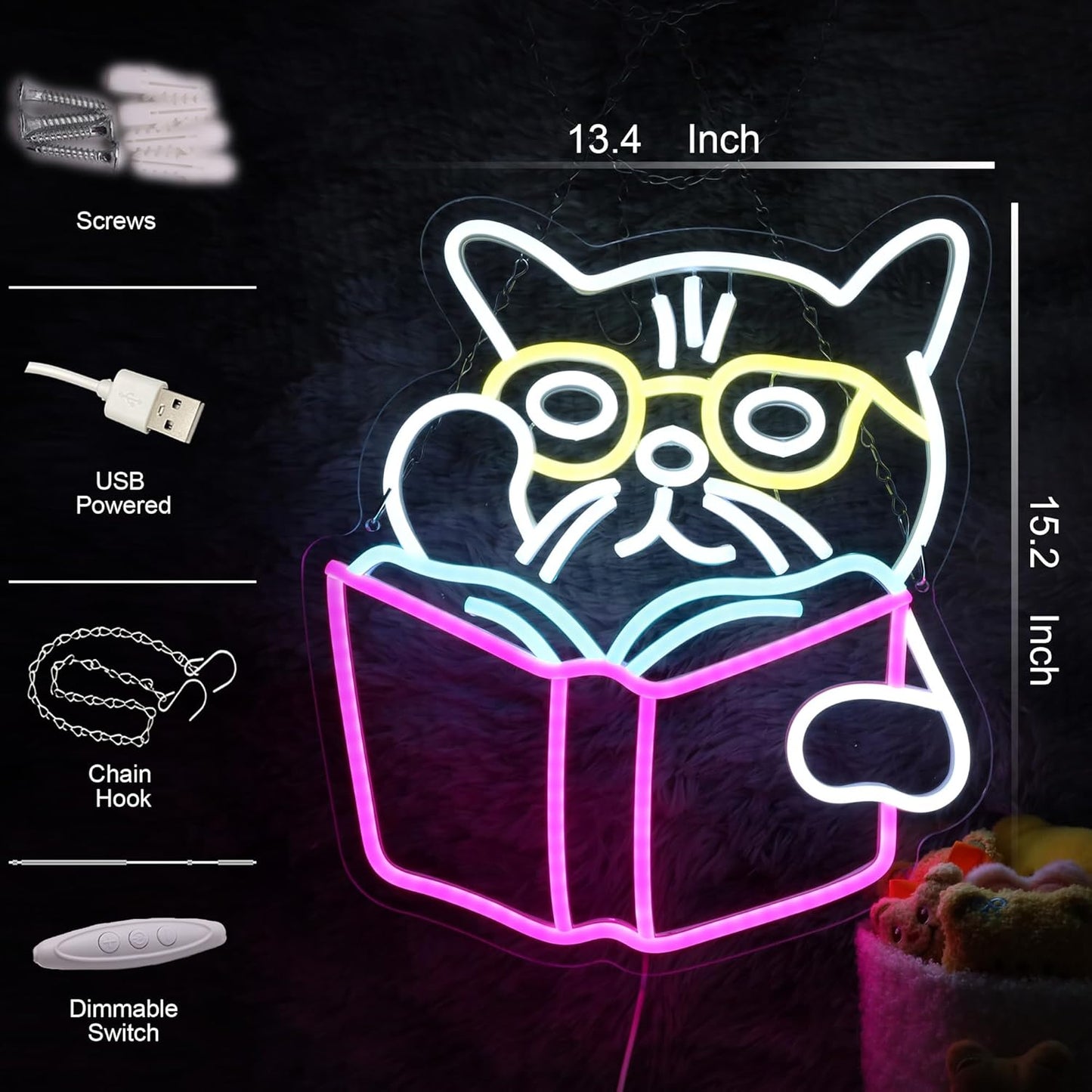 Cat wearing glasses reading a book neon sign