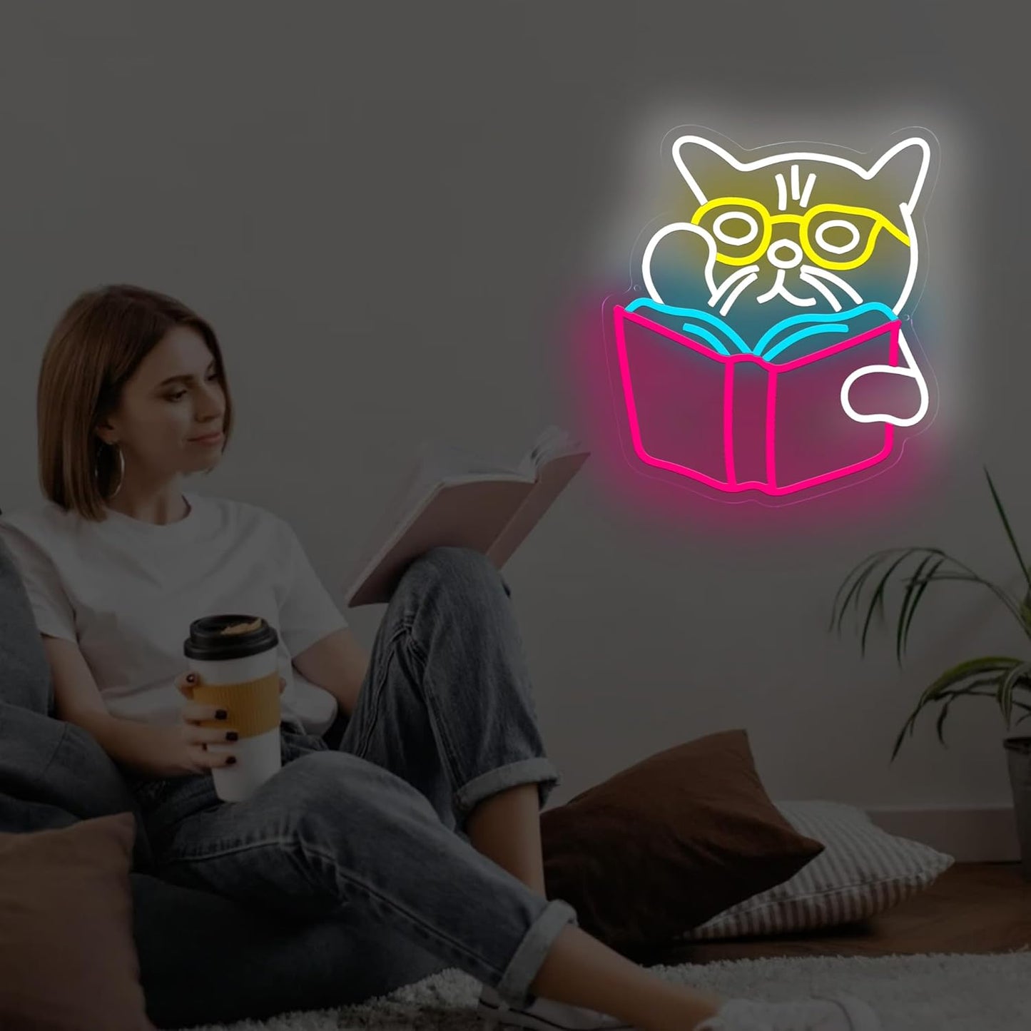 Cat wearing glasses reading a book neon sign