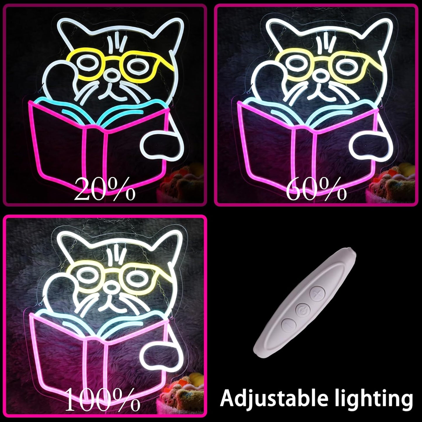 Cat wearing glasses reading a book neon sign
