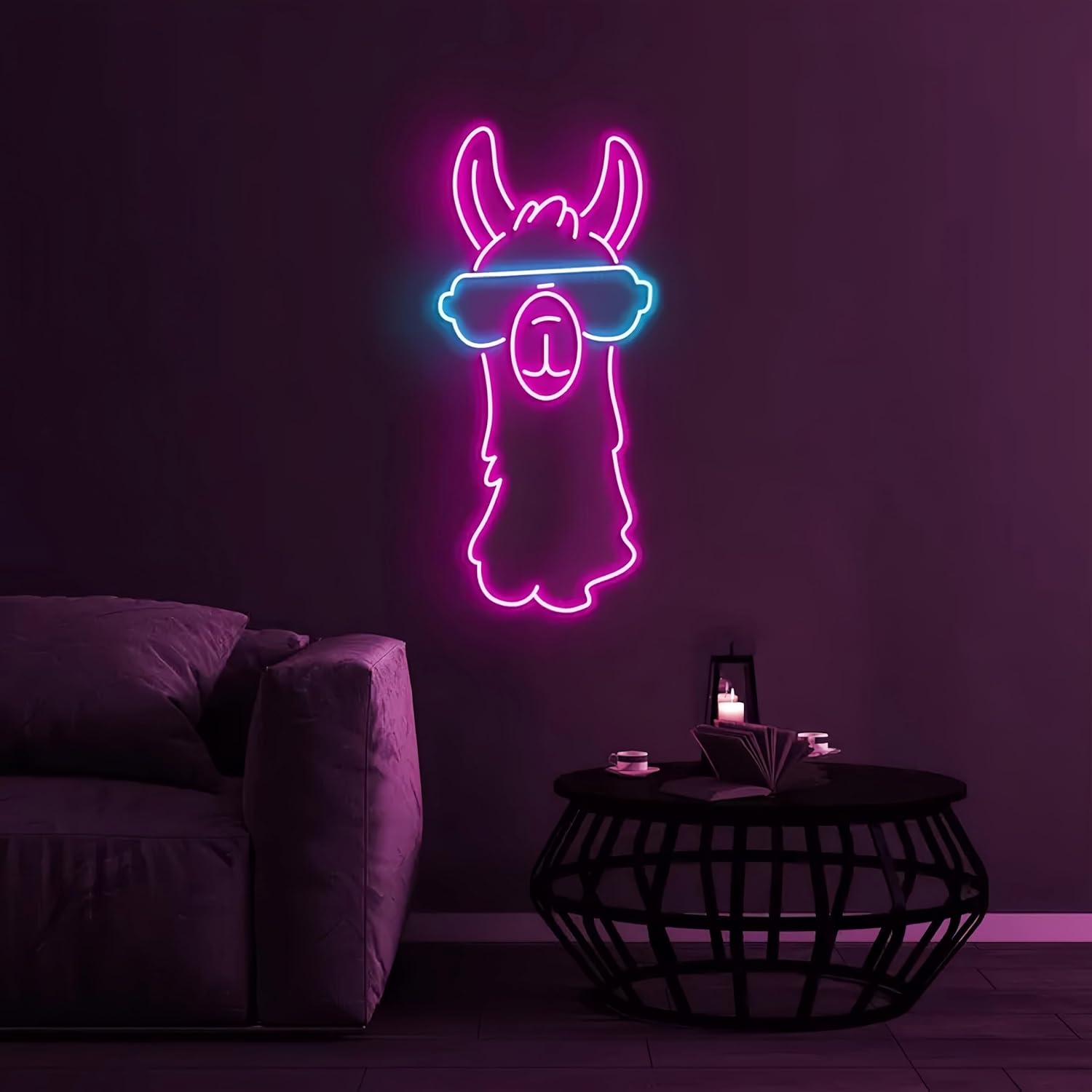 Cute neon sign of a llama wearing glasses – LED animal decor for fun interiors
