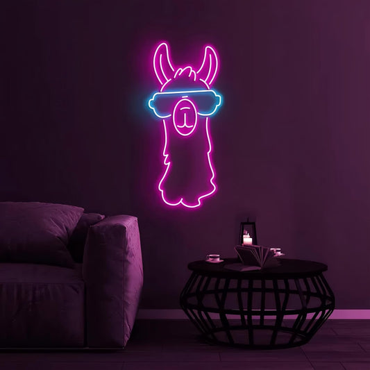 Cute neon sign of a llama wearing glasses – LED animal decor for fun interiors