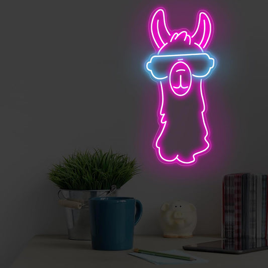 Cute neon sign of a llama wearing glasses – LED animal decor for fun interiors