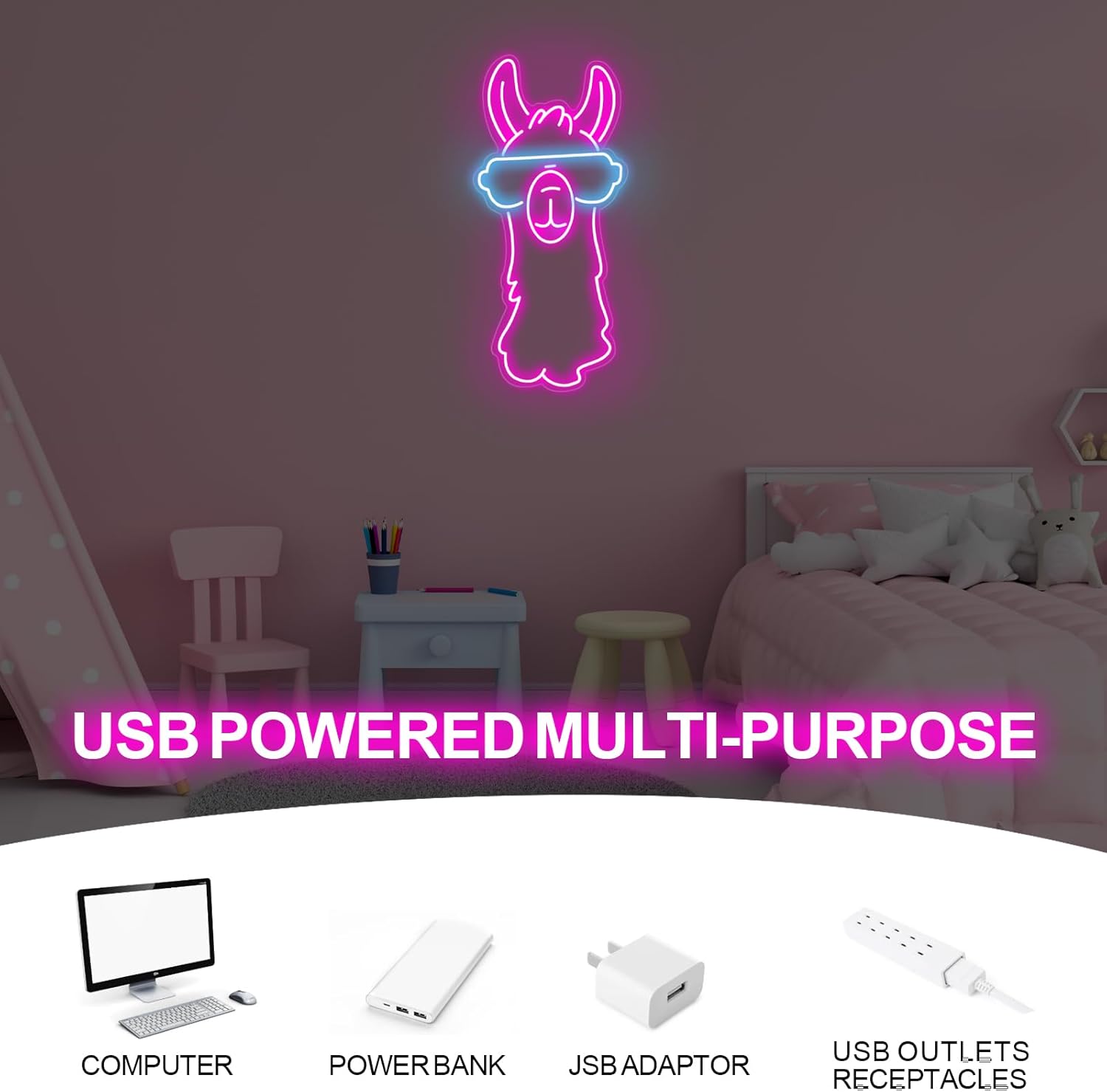Cute neon sign of a llama wearing glasses – LED animal decor for fun interiors