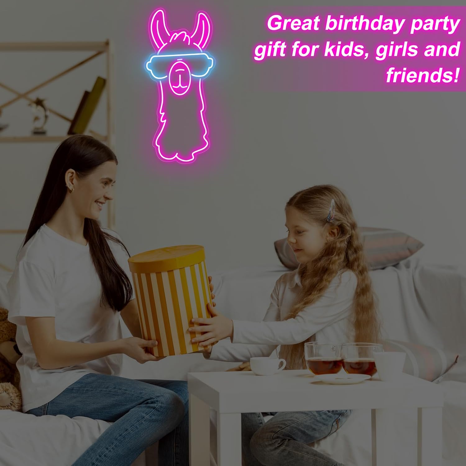 Cute neon sign of a llama wearing glasses – LED animal decor for fun interiors