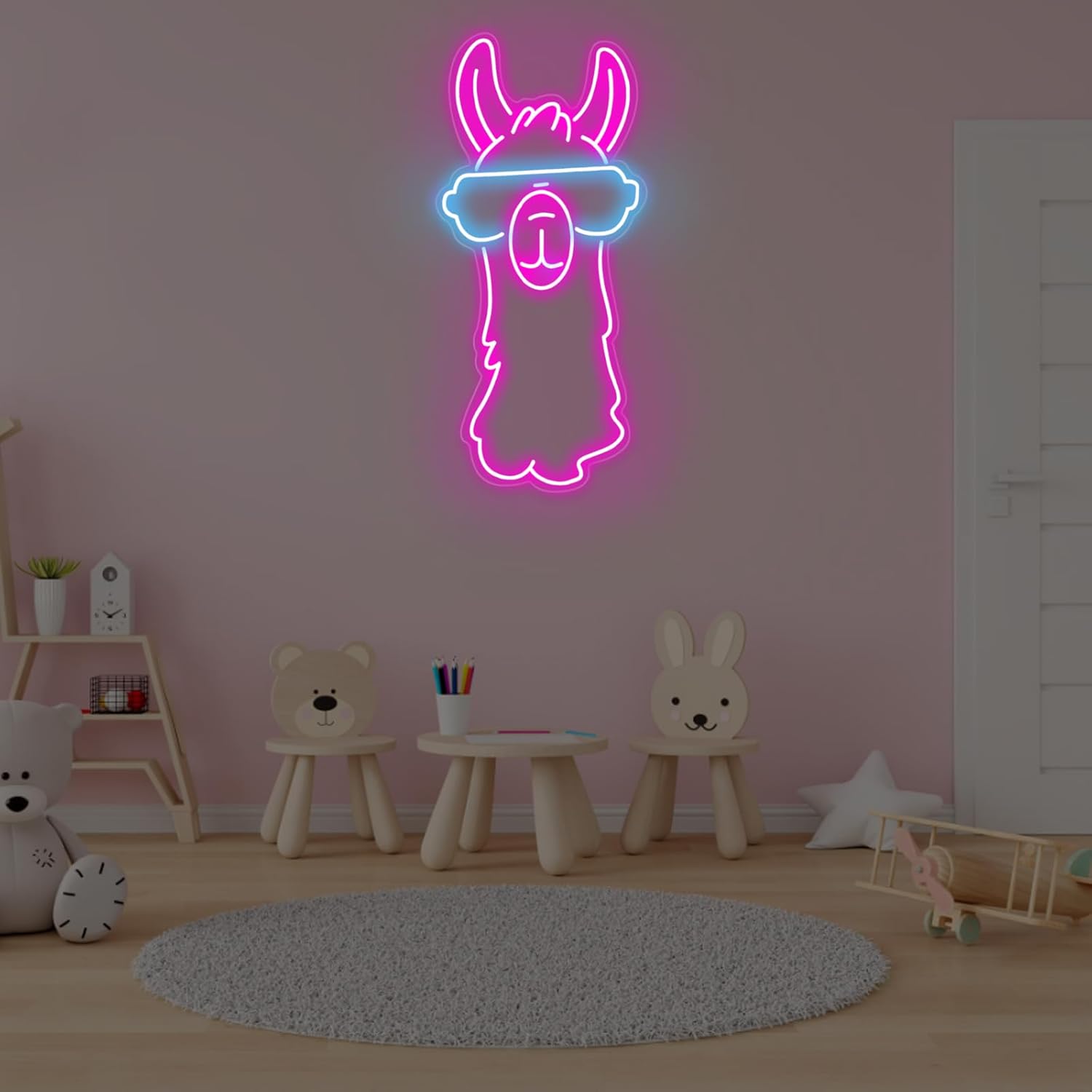 Cute neon sign of a llama wearing glasses – LED animal decor for fun interiors