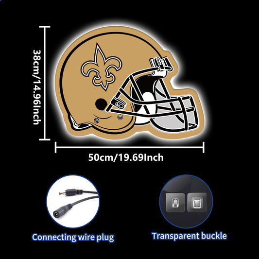 Golden football helmet LED neon sign with black fleur-de-lis emblem, glowing wall decor for game rooms and man caves.