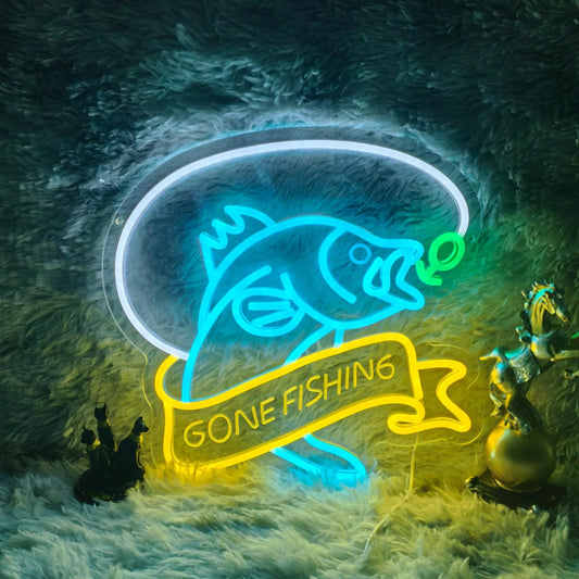 Gone Fishing neon sign with blue fish and yellow banner, LED wall decor for fishermen