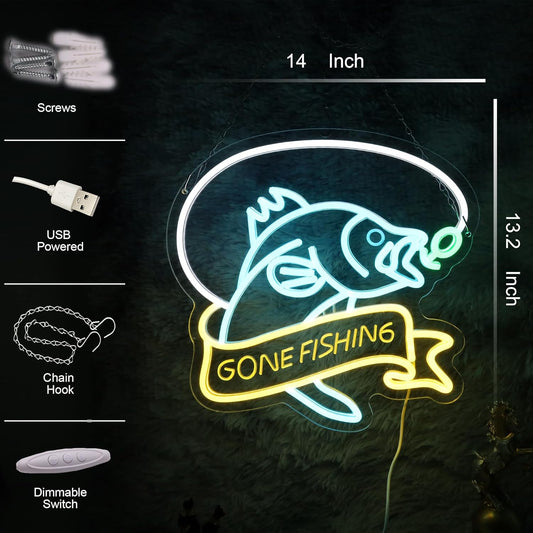 Gone Fishing neon sign with blue fish and yellow banner, LED wall decor for fishermen