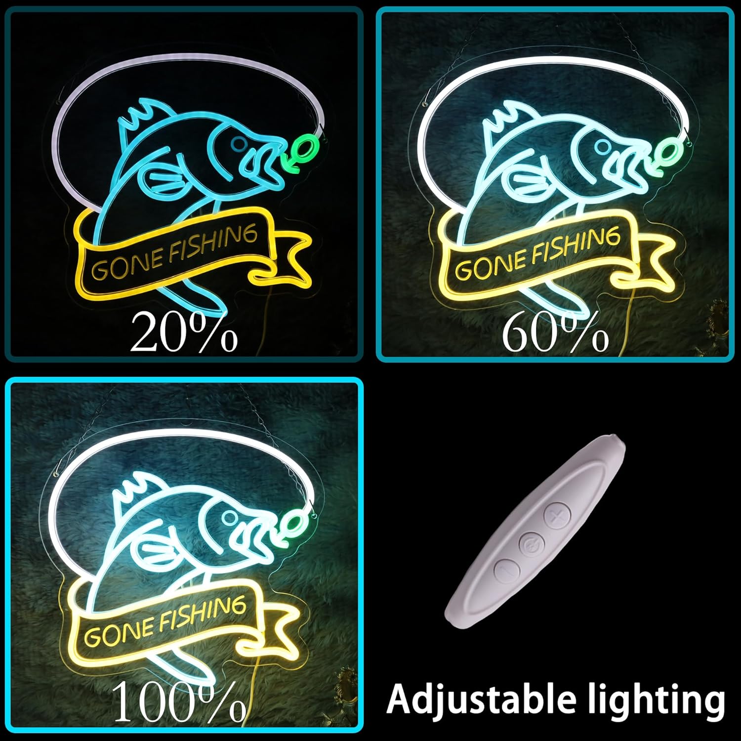 Gone Fishing neon sign with blue fish and yellow banner, LED wall decor for fishermen