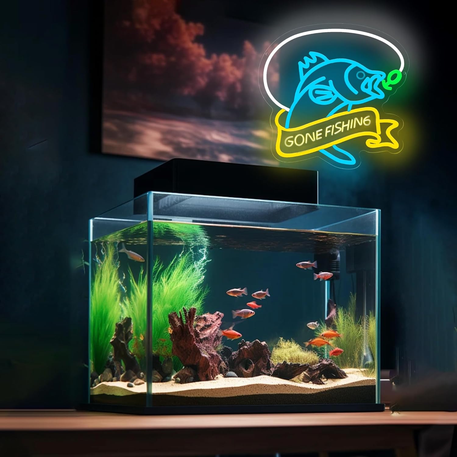 Gone Fishing neon sign with blue fish and yellow banner, LED wall decor for fishermen