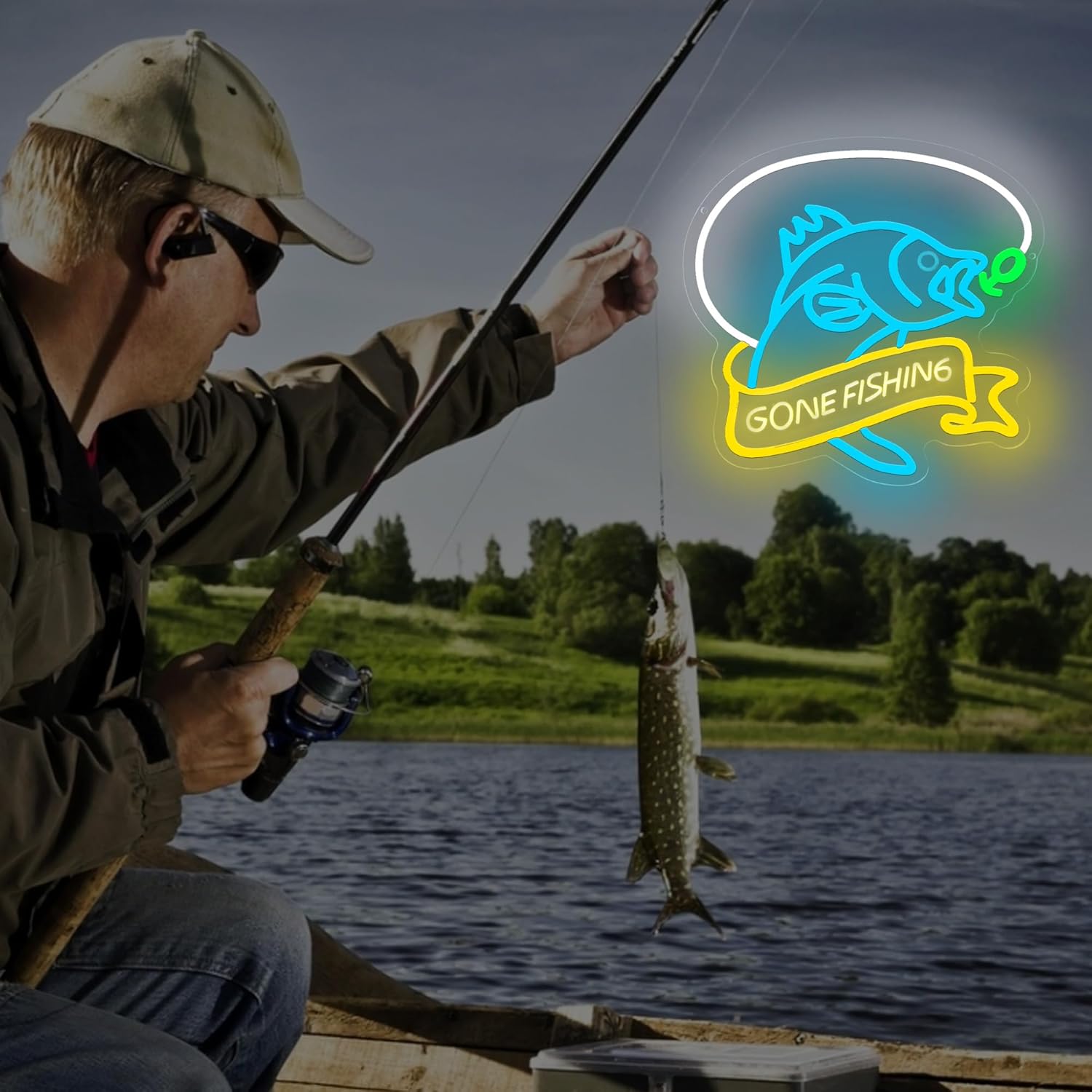 Gone Fishing neon sign with blue fish and yellow banner, LED wall decor for fishermen