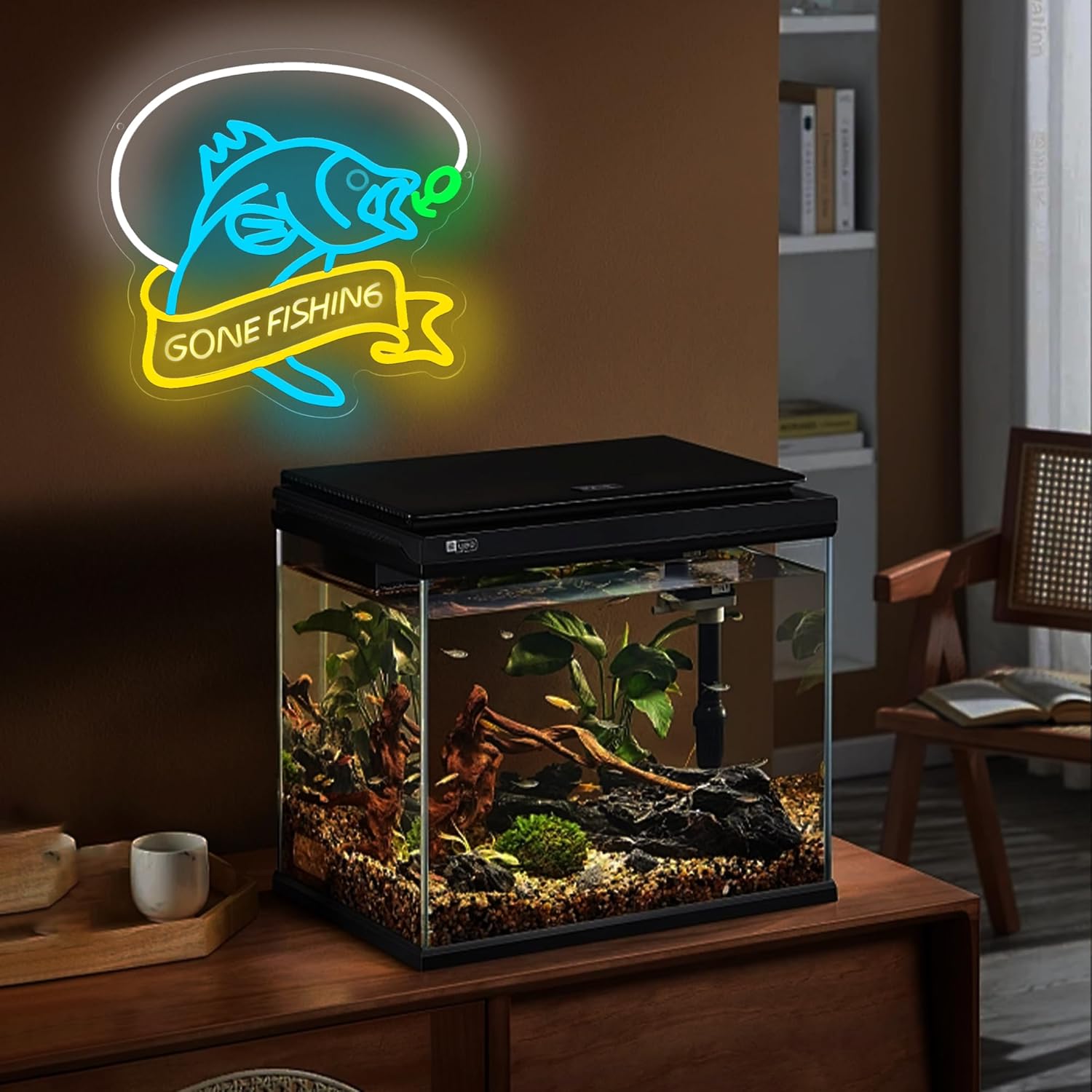 Gone Fishing neon sign with blue fish and yellow banner, LED wall decor for fishermen