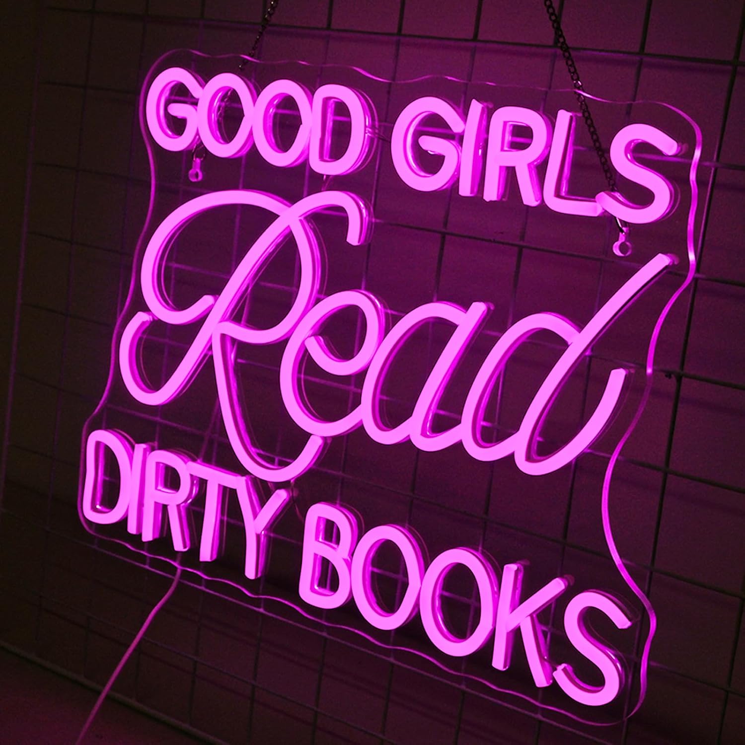 Good Girls Read Dirty Books" pink LED neon sign on wall decor