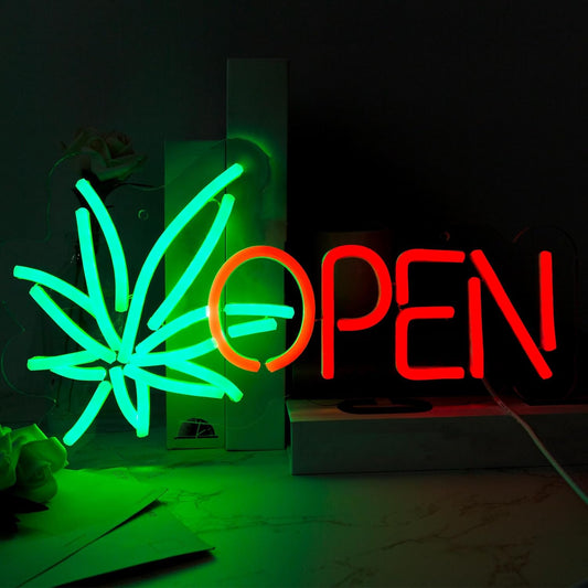 Green Leaf OPEN Neon Sign - LED Wall Light for Shops, Cafés & Bars
