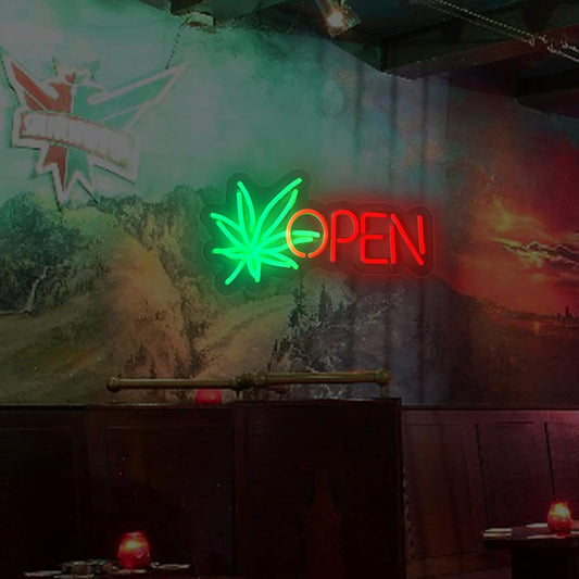 Green Leaf OPEN Neon Sign - LED Wall Light for Shops, Cafés & Bars