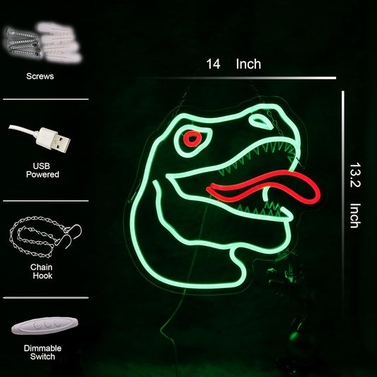 Fierce dinosaur head neon decor for bedroom or playroom