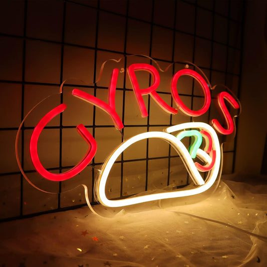 LED neon sign displaying the word Gyros in bright light, ideal for Greek restaurant or food truck décor
