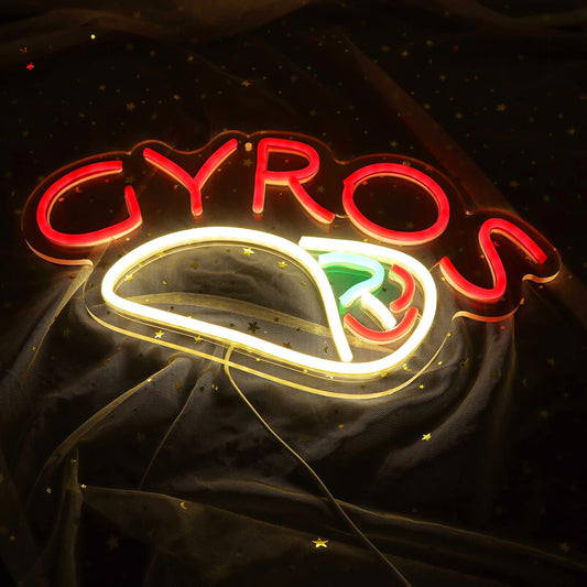 LED neon sign displaying the word Gyros in bright light, ideal for Greek restaurant or food truck décor
