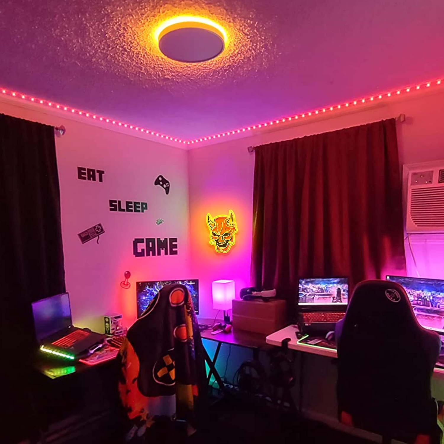LED neon sign of a traditional Japanese Hannya mask with glowing demon face design
