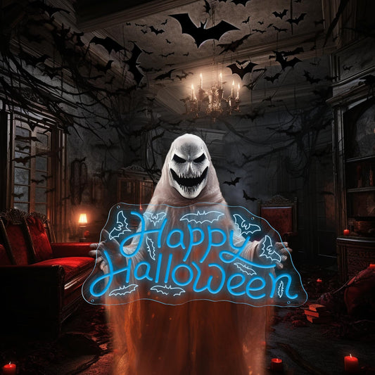 Happy Halloween neon sign glowing with white LED light and spooky UV printed background