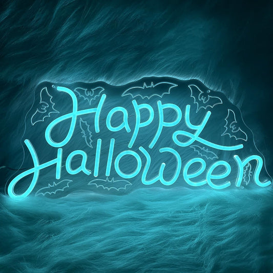 Happy Halloween neon sign glowing with white LED light and spooky UV printed background